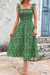 Robe midi imprimée à col carré et volants